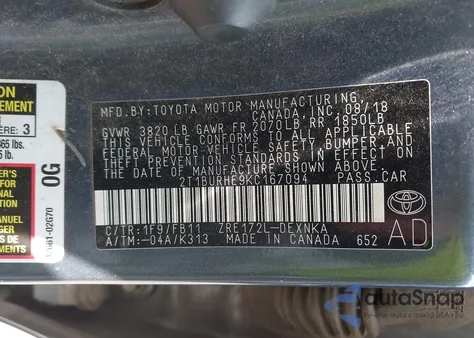 2019 Toyota Corolla Le z USA, uszkodzony, nr VIN 2T1BURHE9KC167094